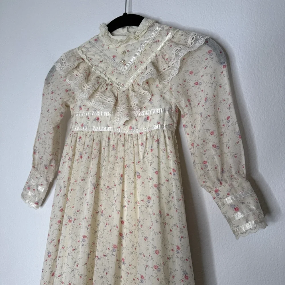 Gunne Sax Vintage Cream Floral Long Sleeve Lace Trim Prairie Dress Girls 5T